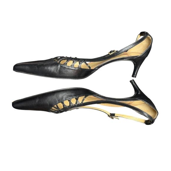 Charles Jourdan Paris Slingback Pointed Toe Kitten Heels Black Leather Size 11 - Picture 1 of 8